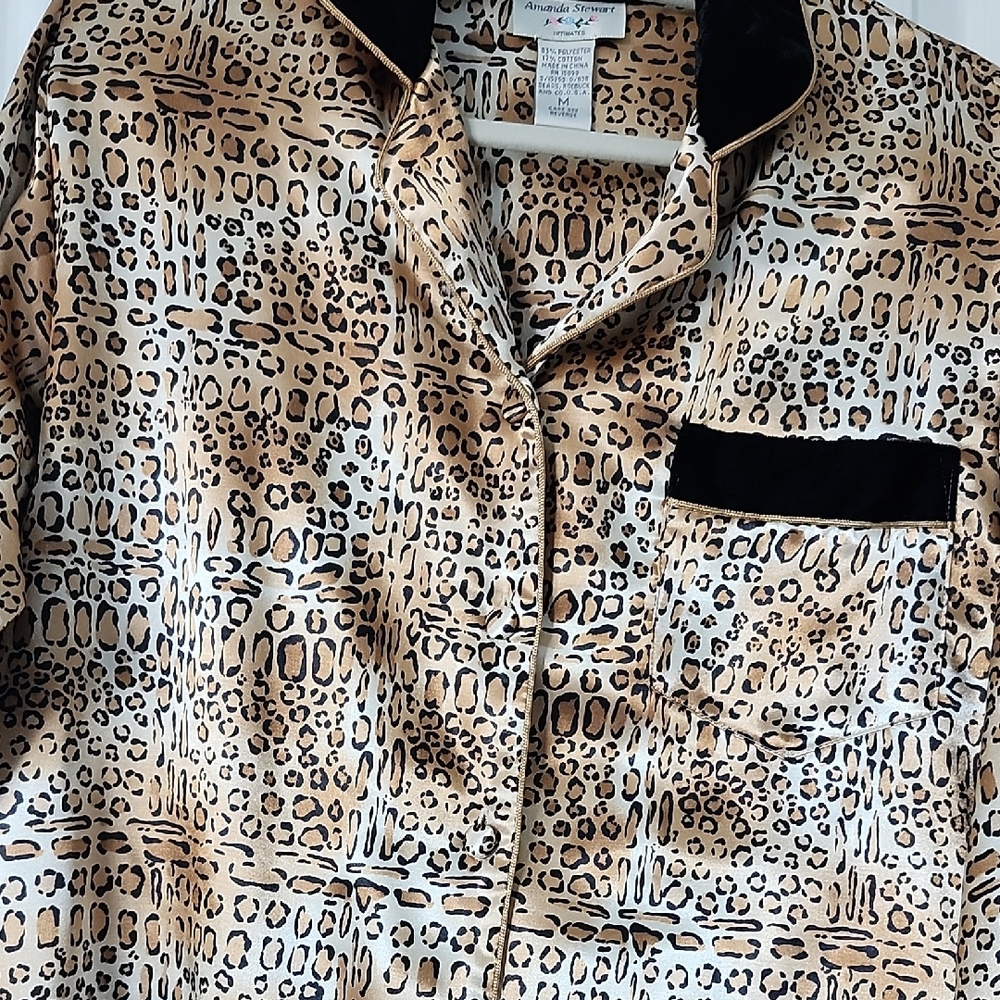 Leopard Print Satin Pajama Set with Black Accents